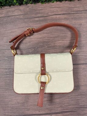 MCM Cream Canvas Shoulder Bag with Brown Leather Trim